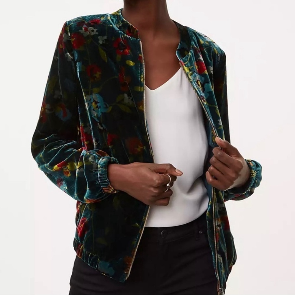 LOFT Green Velvet Floral Bomber Jacket Women’s size XS - Picture 1 of 10